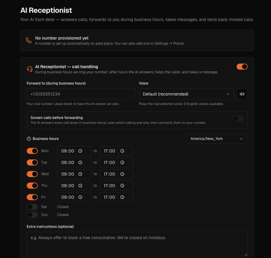 LeadEngines AI receptionist settings with call forwarding, voice, and business hours