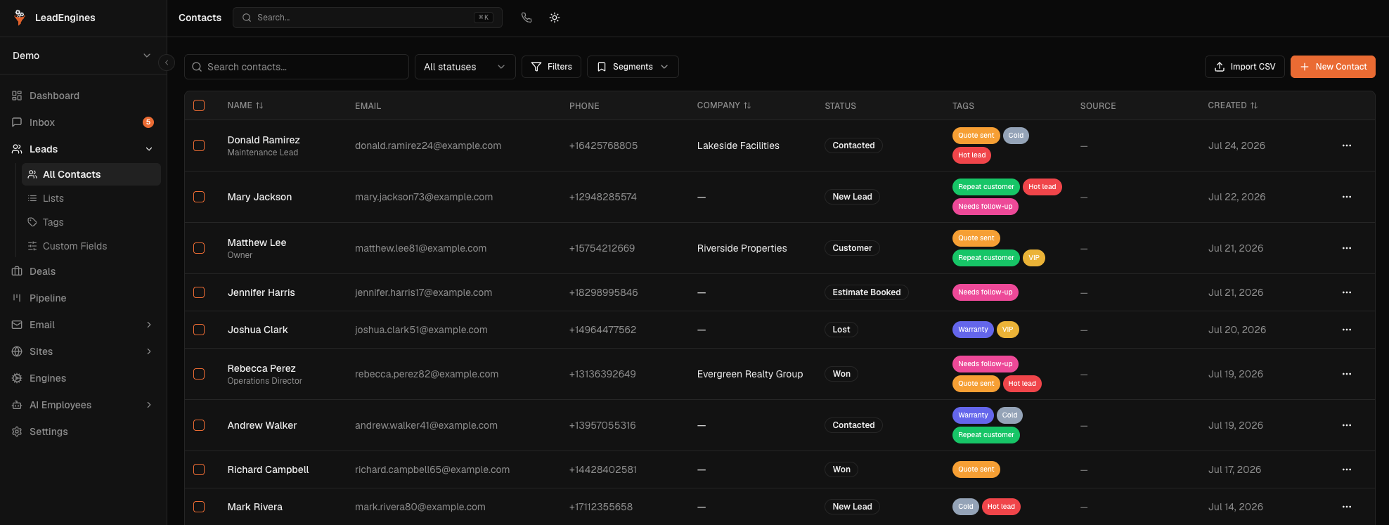 LeadEngines contacts table with names, phone numbers, status, and tags