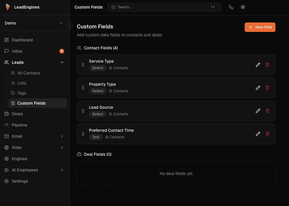 LeadEngines custom fields for contacts including service type and lead source