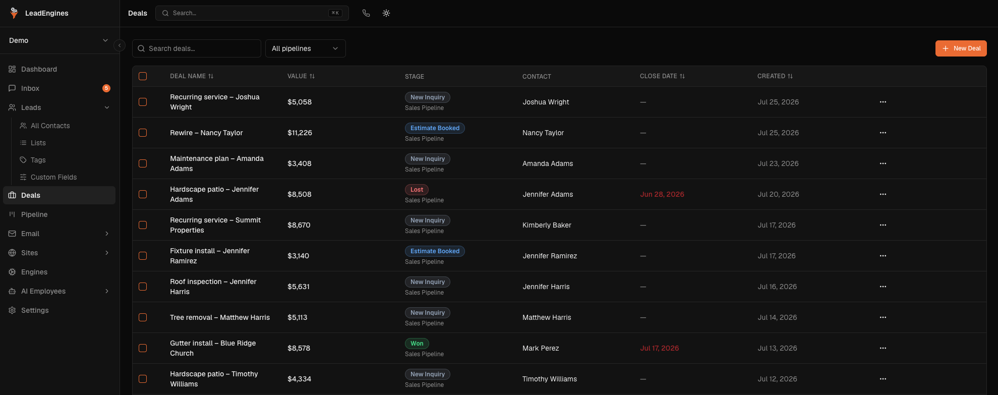 LeadEngines deals list showing deal name, value, stage, and contact