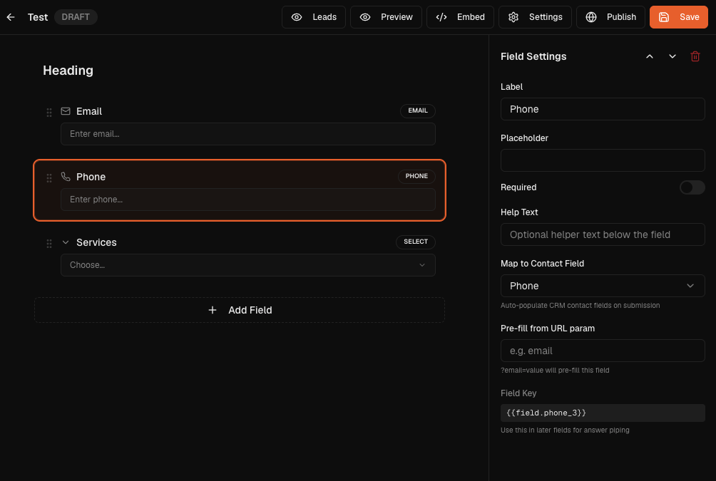 LeadEngines form builder with email, phone, and services fields and a field settings panel