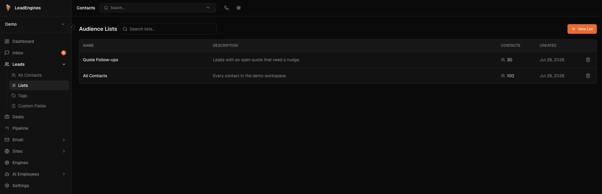 LeadEngines audience lists showing a quote follow-ups list and an all contacts list