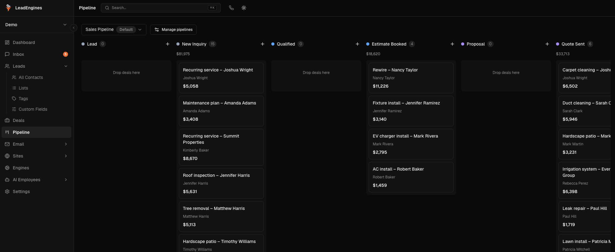LeadEngines pipeline board with deals in columns from Lead to Quote Sent