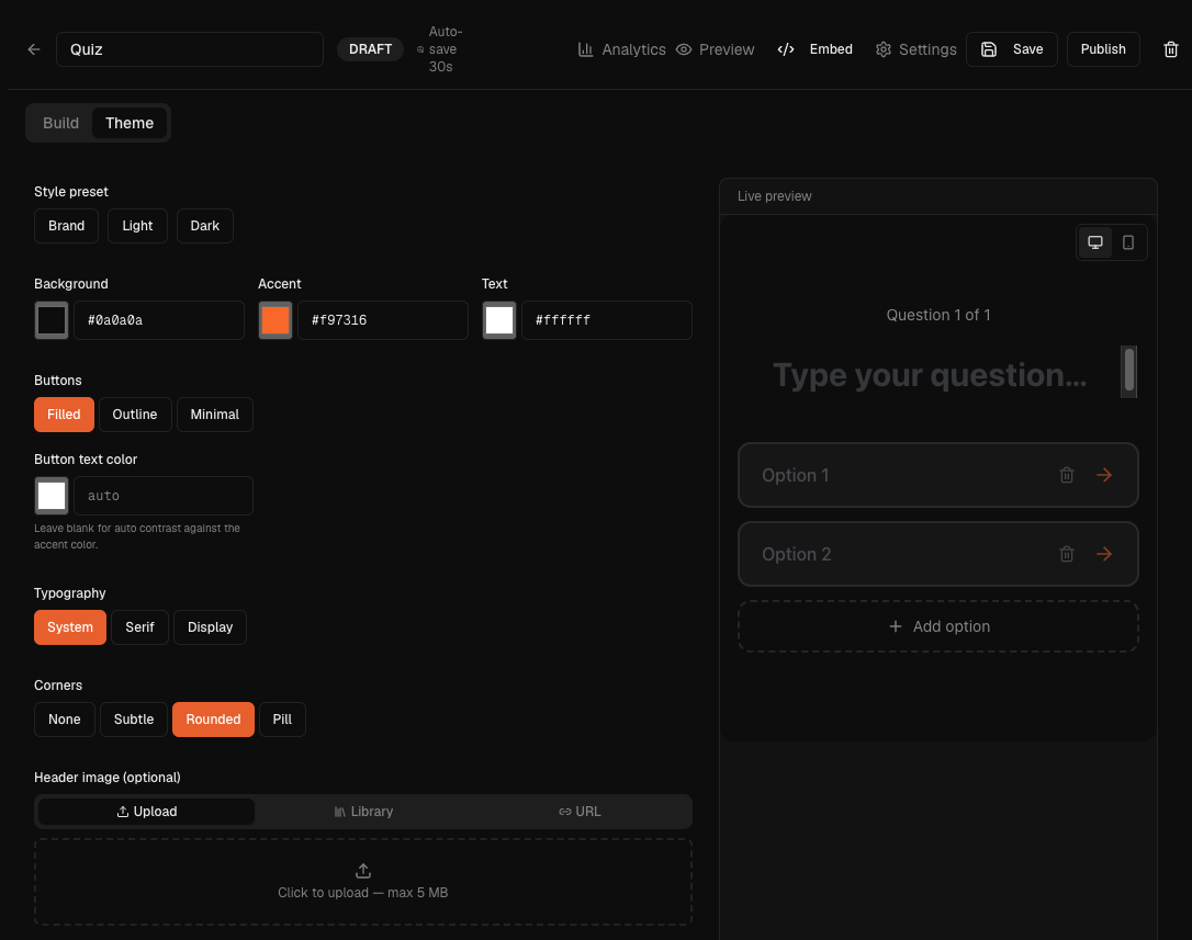 LeadEngines quiz builder theme settings with colors, typography, and a live preview