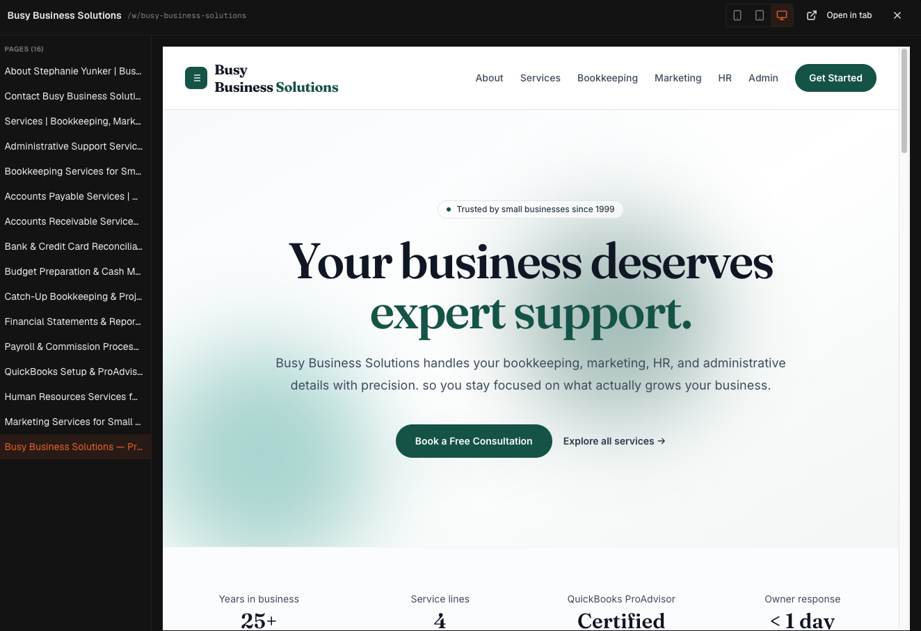 LeadEngines website preview with a page list and desktop, tablet, and phone view toggles