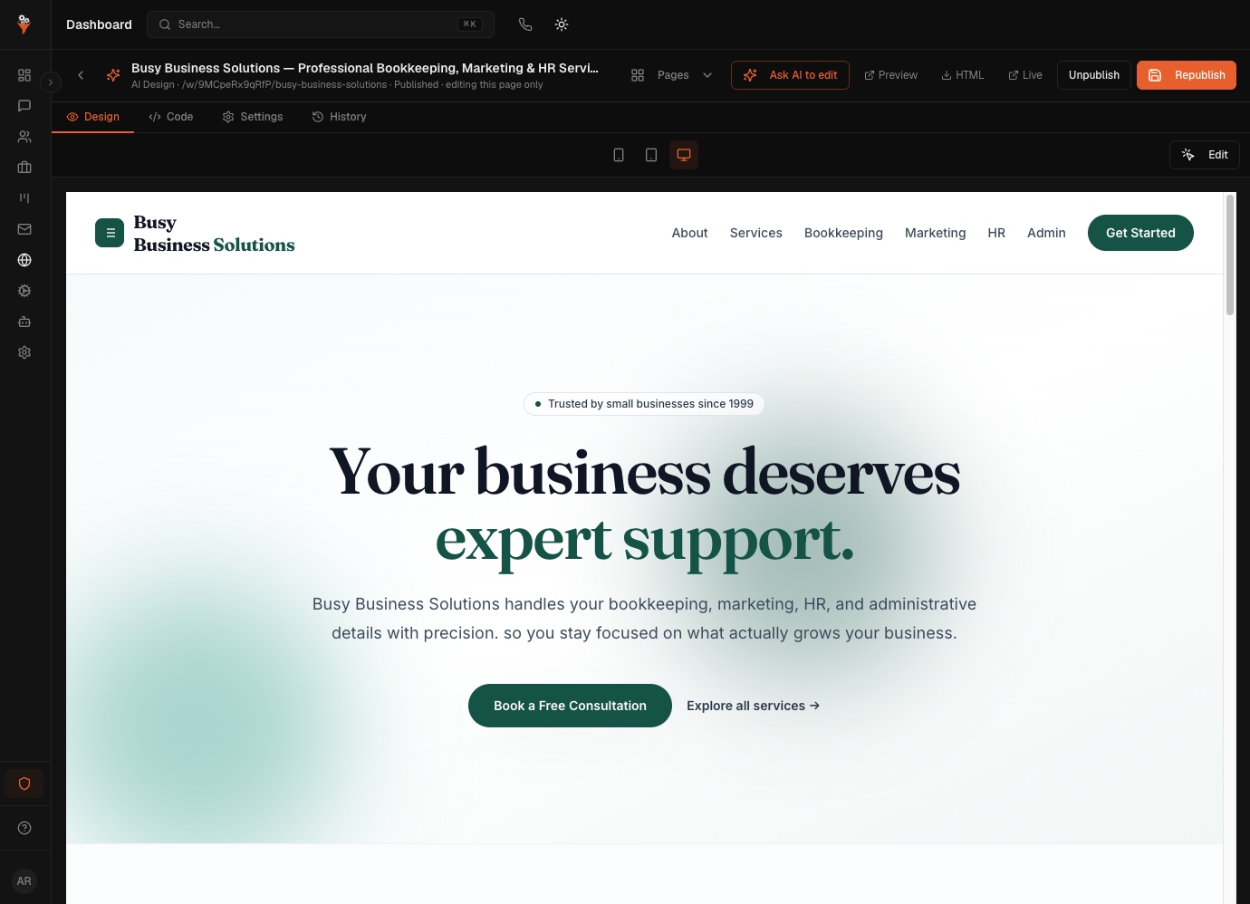 LeadEngines page editor with an Ask AI to edit button above a live page preview