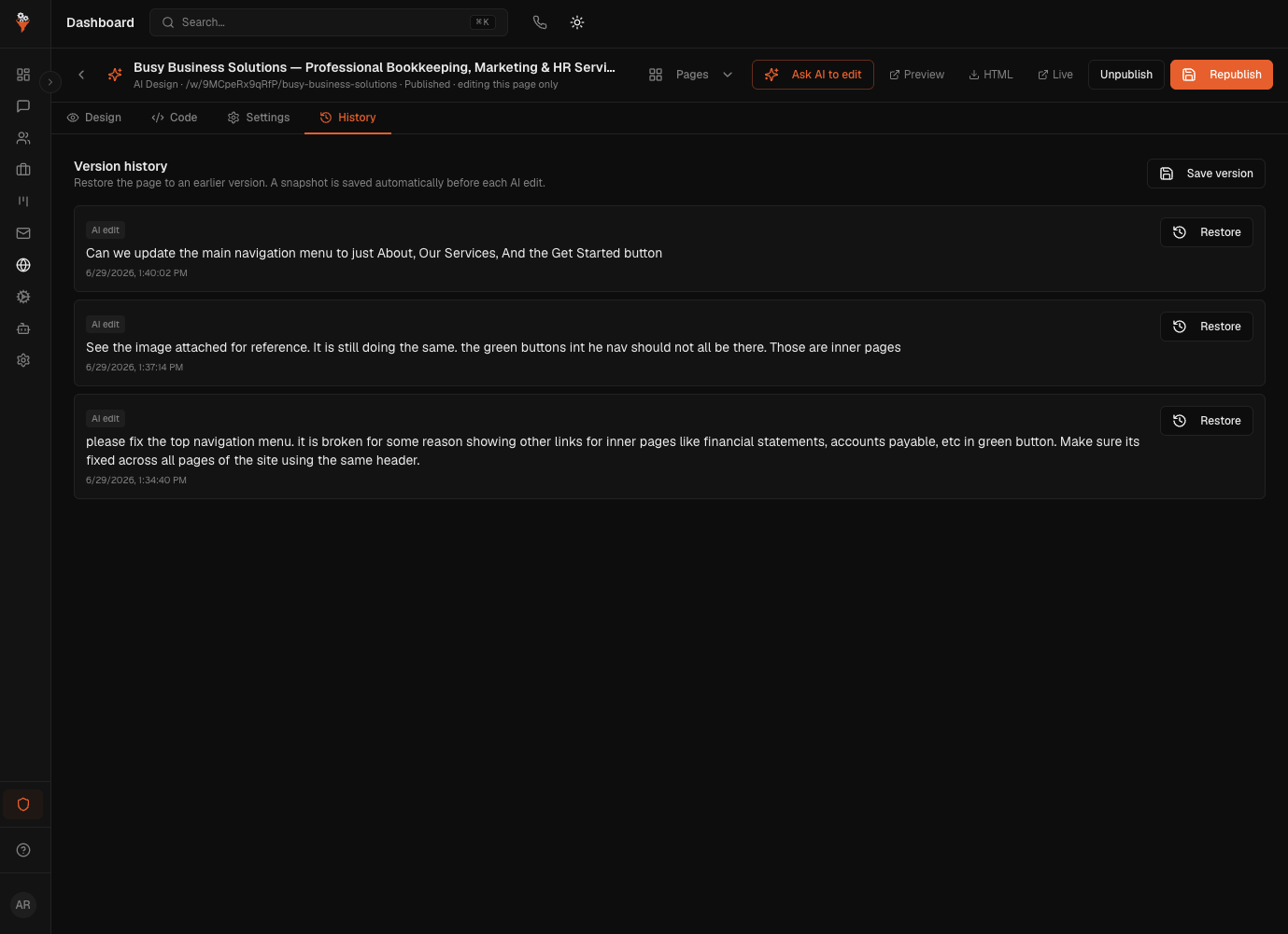 LeadEngines version history listing AI edits with a Restore button on each